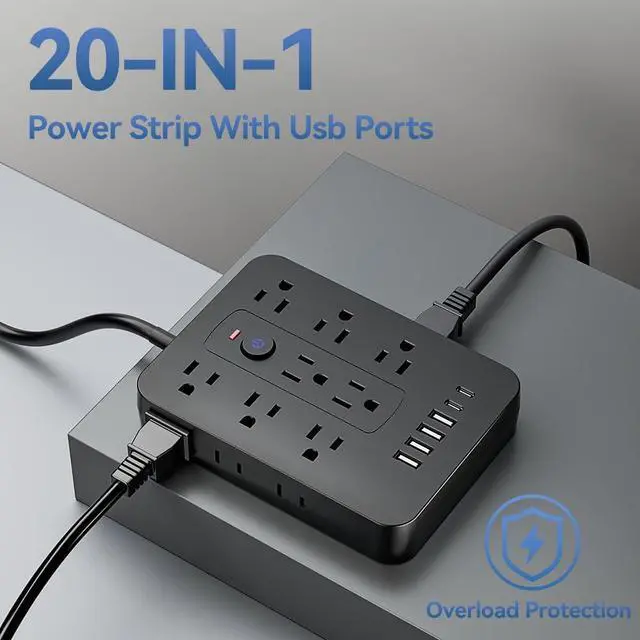 Alt view image 6 of 7 - 20-in-1 Power Strip with Overload Protection, Short Cord,5FT and 10FT, Black/White Color Options, 14 Standard US Sockets, 4 USB Ports, 2 Type-C Ports (Black, 5FT)