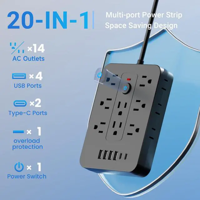 Alt view image 2 of 2 - 20-in-1 Surge Protector Power Strip with 14 AC Outlets, 4 USB & 2 Type-C Ports | Compact Flat Plug Design, Overload Protection, Space-Saving Extension Cord for Home, Office, Kitchen (Black, 5FT)