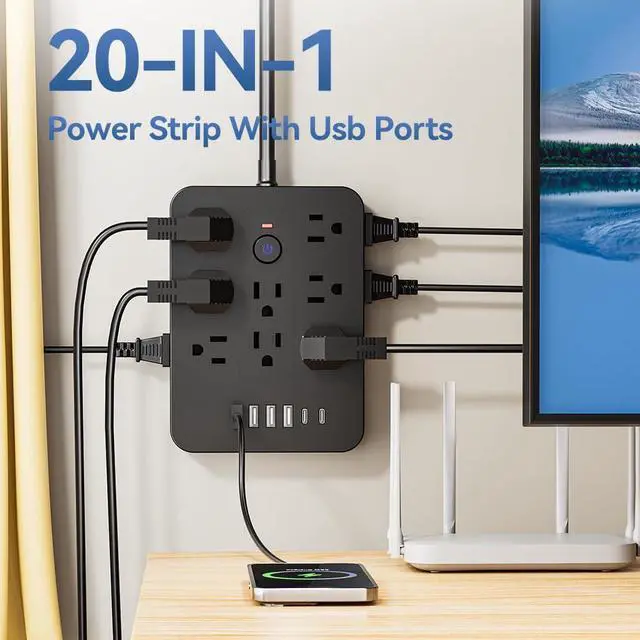 Alt view image 7 of 7 - 20-in-1 Power Strip with Overload Protection, Short Cord,5FT and 10FT, Black/White Color Options, 14 Standard US Sockets, 4 USB Ports, 2 Type-C Ports (Black, 5FT)