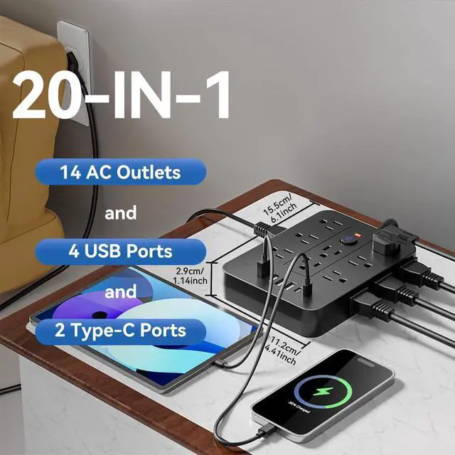 Alt view image 5 of 7 - 20-in-1 Power Strip with Overload Protection, Short Cord,5FT and 10FT, Black/White Color Options, 14 Standard US Sockets, 4 USB Ports, 2 Type-C Ports (Black, 5FT)
