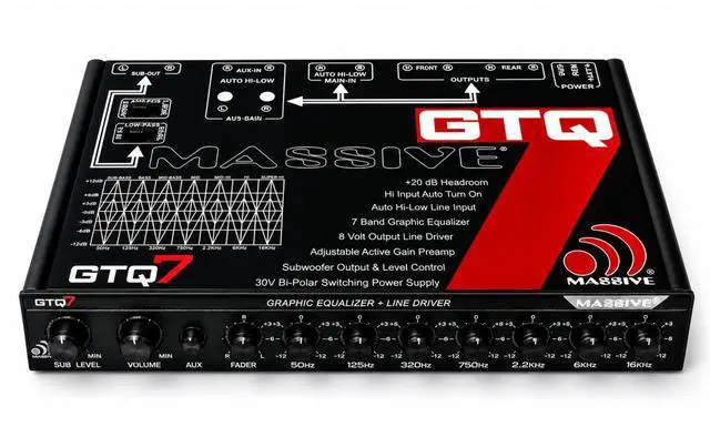 Main image of GTQ7 | 7-Band Car Audio Graphic Equalizer in-Dash 7V Line Driver, Adjustable Subwoofer Crossover, Dual RCA Inputs, High/Low Fader Control for Precision Sound Tuning