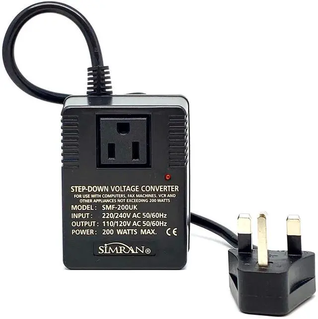 Main image of SMF-200UK Deluxe 200 Watts Step Down Voltage Converter for International Travel to AC 220V/240V Countries, Ideal for Laptops, Cameras, iPhones, iPads, Handheld Video Games etc.(UK)
