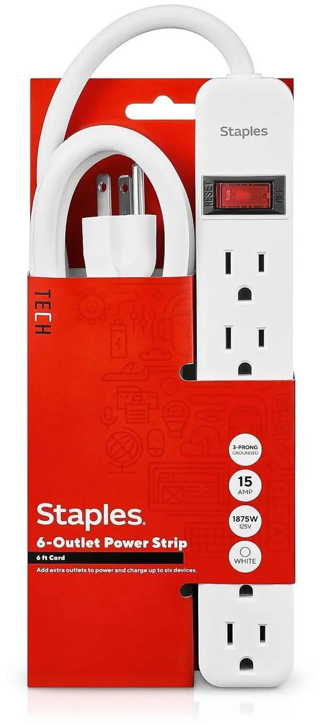 Main image of 6-Outlet Power Strip, 6 Ft Cord, White | Extension cord for home, office, and dorm room electronics and devices