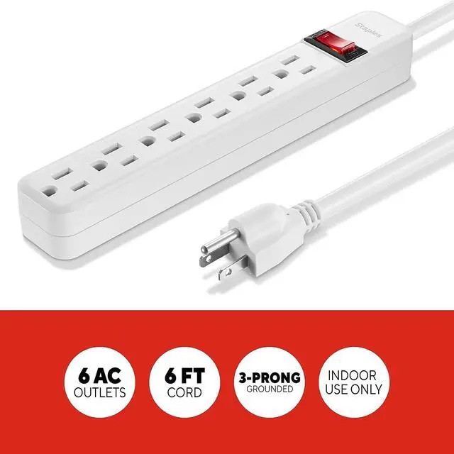 Alt view image 2 of 5 - 6-Outlet Power Strip, 6 Ft Cord, White | Extension cord for home, office, and dorm room electronics and devices