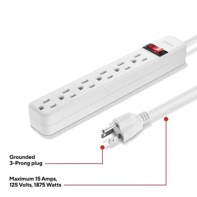 Alt view image 3 of 5 - 6-Outlet Power Strip, 6 Ft Cord, White | Extension cord for home, office, and dorm room electronics and devices