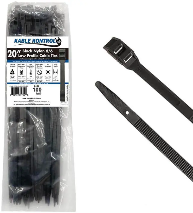 Main image of Low-Profile Cable Ties 20 Inch 100 Pcs, 120 Lbs Test - Black | Double Locking Cable Ties UL Listed Inline Zip Ties - Chemical, UV & Abrasion Resistant Ties for Automotive & Medical Use
