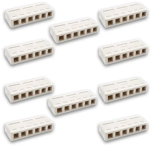 Main image of Keystone Jack Surface Mount Box White, Biscuit for RJ45, RJ11, RJ12 Keystone Jacks, UL Listed, RoHs Compliant (10-Pack, 6-Port)