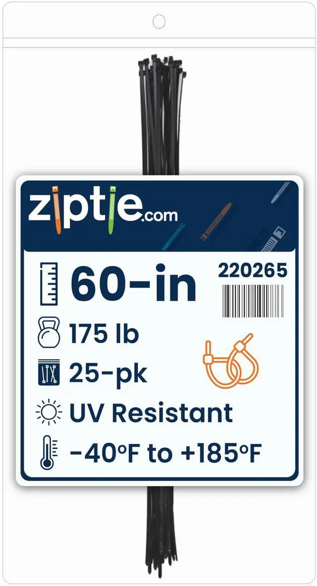 Main image of 60-inch UV Resistant Black Multi-Purpose Zip Tie, 175-lb Tensile Strength, UL 21S Listed, 25-Pack