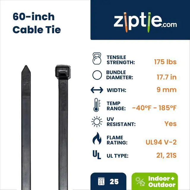Alt view image 2 of 7 - 60-inch UV Resistant Black Multi-Purpose Zip Tie, 175-lb Tensile Strength, UL 21S Listed, 25-Pack