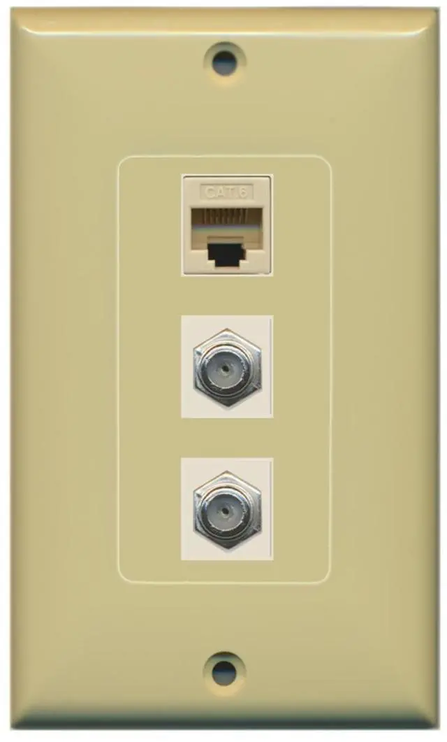 Main image of 2 Port Coax Cable TV- F-Type and 1 Port Cat6 Ethernet Decorative Wall Plate - Ivory