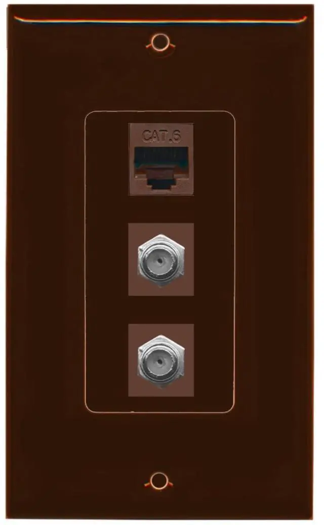 Main image of 2 Port Coax Cable TV- F-Type and 1 Port Cat6 Ethernet Decorative Wall Plate - Brown