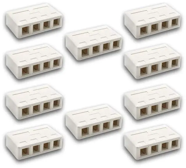 Main image of Keystone Jack Surface Mount Box White, Biscuit for RJ45, RJ11, RJ12 Keystone Jacks, UL Listed, RoHs Compliant (10-Pack, 4-Port)