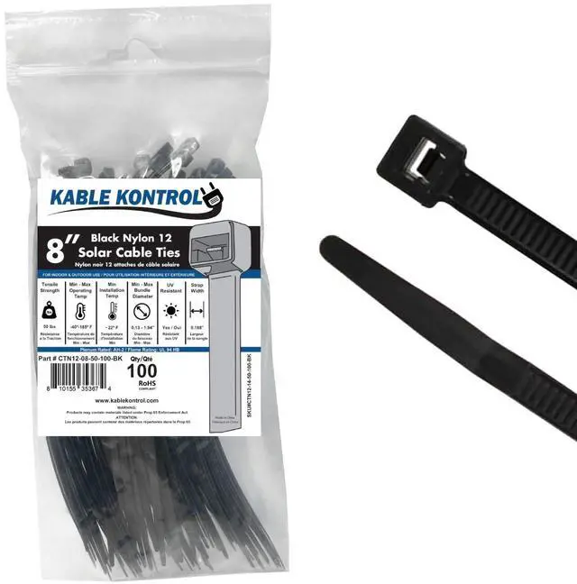 Main image of Solar Cable Ties PA 12, 8 Inch 100 Pcs, 50 Lbs Test - Black | PA 12 Nylon UV & Chemical Resistant Solar Pannel Zip Ties for Indoor, Outdoor, and Industrial Use