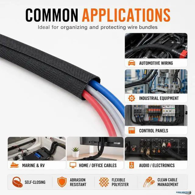 Alt view image 7 of 7 - Self Closing Woven Wrap Braided Sleeving 1/2 Inch ID 50 Feet Long Polyester Mesh Split Wire Loom High Temperature Heat Resistant Wrap Around Sleeve for Home, Industrial Use - Black