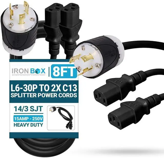 Main image of IronBox Electric L6-30P to 2X C13 Splitter Power Cords - 15A/250V, 14 AWG, 14/3 SJT - UL Listed Power Supply Cable - Heavy Duty Power Plug and Cord for Computer, Data Centers, Generator & More (8 ft)