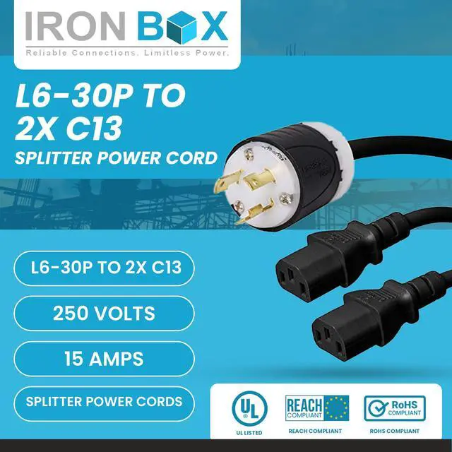 Alt view image 2 of 7 - IronBox Electric L6-30P to 2X C13 Splitter Power Cords - 15A/250V, 14 AWG, 14/3 SJT - UL Listed Power Supply Cable - Heavy Duty Power Plug and Cord for Computer, Data Centers, Generator & More (8 ft)