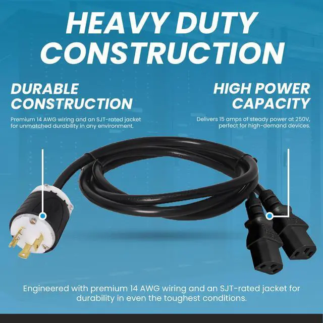 Alt view image 3 of 7 - IronBox Electric L6-30P to 2X C13 Splitter Power Cords - 15A/250V, 14 AWG, 14/3 SJT - UL Listed Power Supply Cable - Heavy Duty Power Plug and Cord for Computer, Data Centers, Generator & More (8 ft)