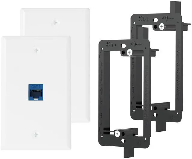 Main image of 1 Port Ethernet Wall Plate (UL Listed), Cat6 Female to Female Wall Jack, Keystone Wall Plate with Blue RJ45 Keystone Inline Coupler and Low Voltage Mounting Bracket, White (2-Pack)