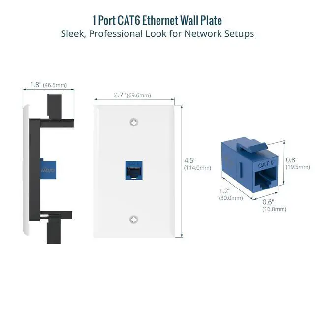 Alt view image 3 of 7 - 1 Port Ethernet Wall Plate (UL Listed), Cat6 Female to Female Wall Jack, Keystone Wall Plate with Blue RJ45 Keystone Inline Coupler and Low Voltage Mounting Bracket, White (2-Pack)