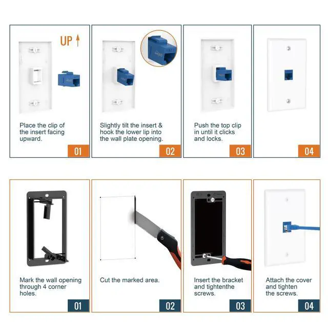 Alt view image 6 of 7 - 1 Port Ethernet Wall Plate (UL Listed), Cat6 Female to Female Wall Jack, Keystone Wall Plate with Blue RJ45 Keystone Inline Coupler and Low Voltage Mounting Bracket, White (2-Pack)