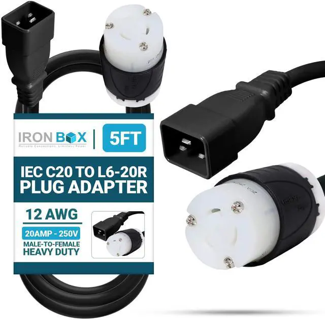 Main image of IronBox Electric - Heavy Duty IEC C20 to L6-20R Plug Adapter Power Cord - 12 AWG Jacket - Rated for 20 Amps and 250V - UL Listed Extension Cable - Ideal for Server Racks and Data Centers (5 feet)