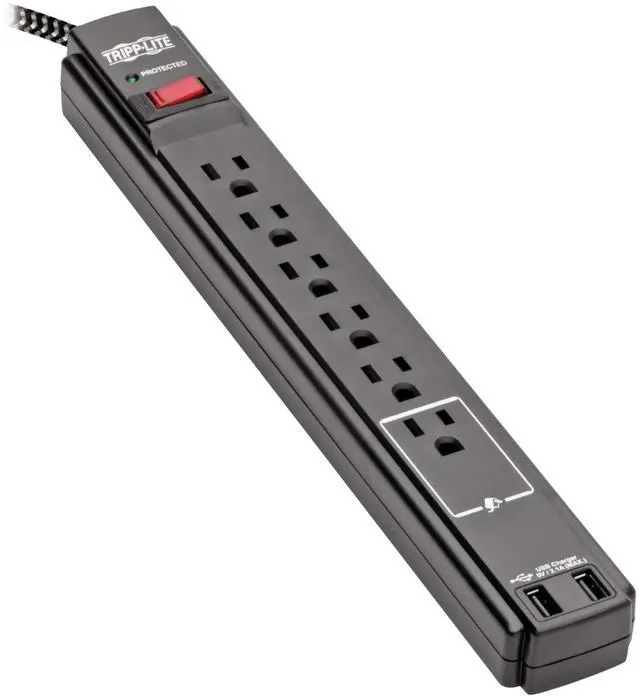 Main image of Surge Protector Power Strip with USB, 6-Outlet & 2 USB Ports, Wall & Desk Mount, 10ft Braided Cord - 990 Joules, 1875 Watts Dollar 25,000 Insurance (TLP610BUAM)