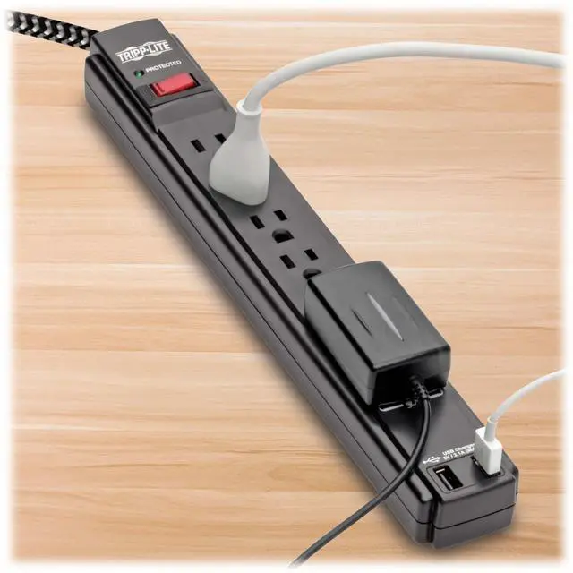 Alt view image 2 of 5 - Surge Protector Power Strip with USB, 6-Outlet & 2 USB Ports, Wall & Desk Mount, 10ft Braided Cord - 990 Joules, 1875 Watts Dollar 25,000 Insurance (TLP610BUAM)