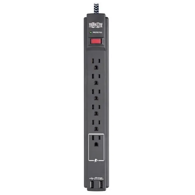 Alt view image 3 of 5 - Surge Protector Power Strip with USB, 6-Outlet & 2 USB Ports, Wall & Desk Mount, 10ft Braided Cord - 990 Joules, 1875 Watts Dollar 25,000 Insurance (TLP610BUAM)