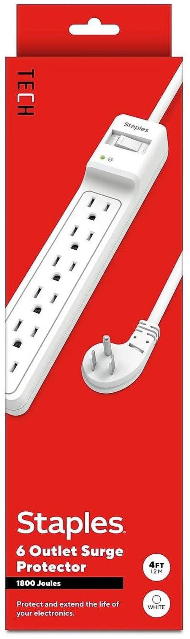 Main image of 6-Outlet Surge Protector, 4 Ft Cord, Flat Offset Plug | Home and office electronics protection at desks and workstations