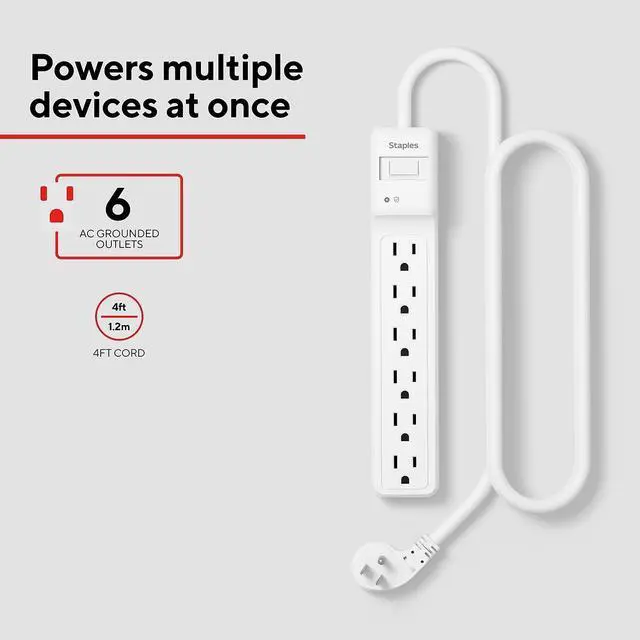 Alt view image 2 of 7 - 6-Outlet Surge Protector, 4 Ft Cord, Flat Offset Plug | Home and office electronics protection at desks and workstations
