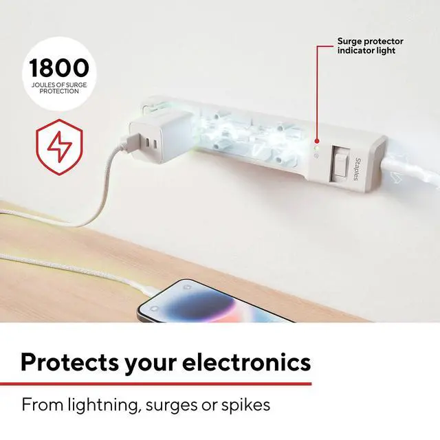 Alt view image 3 of 7 - 6-Outlet Surge Protector, 4 Ft Cord, Flat Offset Plug | Home and office electronics protection at desks and workstations