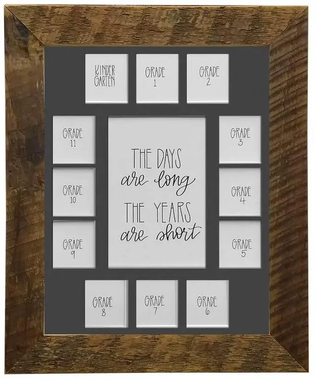 Main image of School Years Reclaimed Wood Picture Frame with Mat - 11x14 Wooden Framed Photo Collage Mat Kindergarten to 12th Grade High School Graduation (13 Photos, K-12th, Grey Mat)