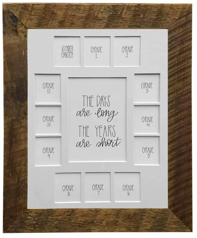 Main image of School Years Reclaimed Wood Picture Frame with Mat - 11x14 Wooden Framed Photo Collage Mat Kindergarten to 12th Grade High School Graduation (13 Photos, K-12th, White Mat)