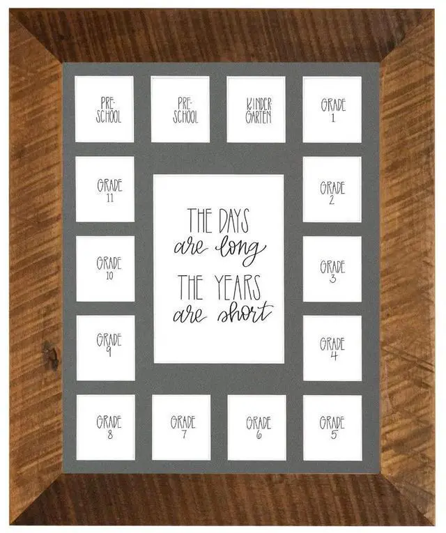 Main image of School Years Reclaimed Wood Picture Frame with Mat - 11x14 Wooden Framed Photo Collage Mat Pre-School & Kindergarten to 12th Grade (15 Photos, 2 Pre School - 12th, Grey Mat)