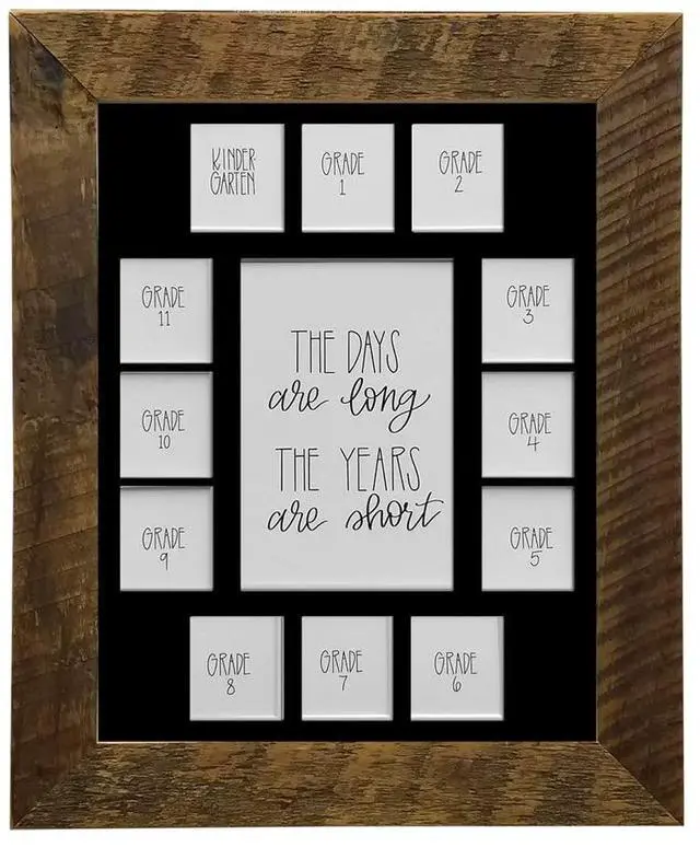 Main image of School Years Reclaimed Wood Picture Frame with Mat - 11x14 Wooden Framed Photo Collage Mat Kindergarten to 12th Grade High School Graduation (13 Photos, K-12th, Black Mat)