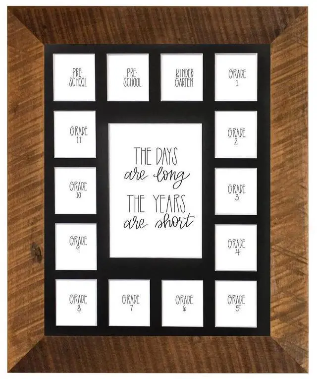 Main image of School Years Reclaimed Wood Picture Frame with Mat - 11x14 Wooden Framed - 2 Pre-School & Kindergarten to 12th Grade High School Graduation (15 Photos, 2PreK - 12th, Black Mat)