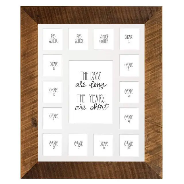 Main image of School Years Reclaimed Wood Picture Frame with Mat - 11x14 Wooden Framed Photo Collage Mat Pre-School & Kindergarten to 12th Grade Graduation (15 Photos, 2PreK-12th, White Mat)