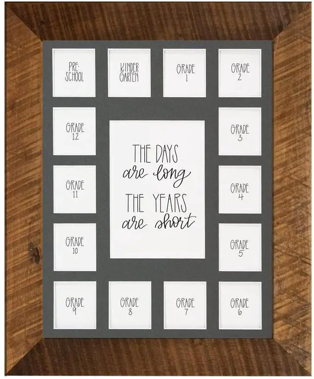 Main image of School Years Reclaimed Wood Picture Frame with Mat - 11x14 Wooden Framed - Pre-School & Kindergarten to 12th Grade High School Graduation (15 Photos, 1PreK - 12th, Grey Mat)