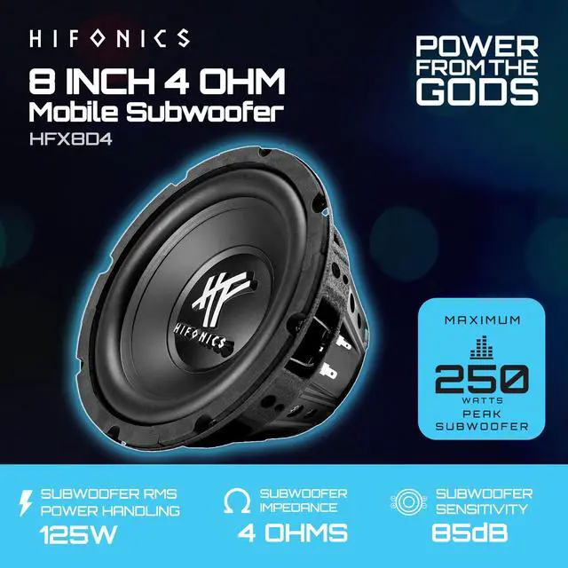 Alt view image 2 of 7 - HFX8D4 8 Inch Round Subwoofer, 250 Watt Max 125 Watt RMS Single Speaker for Cars and Vehicles, 4 Ohm, Heavy Gauge and Powder Coated, Black