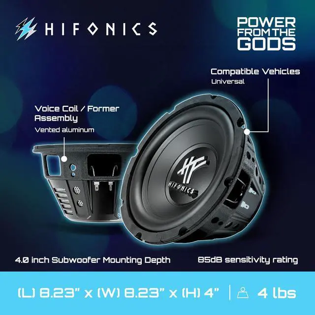 Alt view image 4 of 7 - HFX8D4 8 Inch Round Subwoofer, 250 Watt Max 125 Watt RMS Single Speaker for Cars and Vehicles, 4 Ohm, Heavy Gauge and Powder Coated, Black