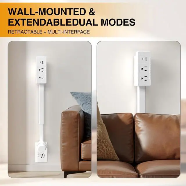 Alt view image 3 of 7 - Electrical Outlet Extender Stick, 360° Swivel Socket Expander, Multi Plug Strip with 6 Outlets & 3 USB Charging Ports, Suitable for Behind Couches, Nightstands, Desks and More