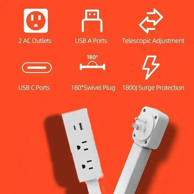 Alt view image 6 of 7 - Electrical Outlet Extender Stick, 360° Swivel Socket Expander, Multi Plug Strip with 6 Outlets & 3 USB Charging Ports, Suitable for Behind Couches, Nightstands, Desks and More