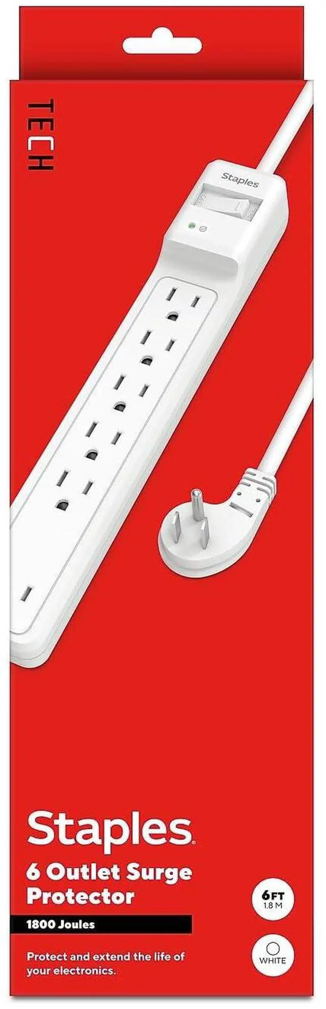 Main image of 6-Outlet Surge Protector, 6 Ft Cord, Flat Offset Plug | For home and office electronics protection at desks and workstations
