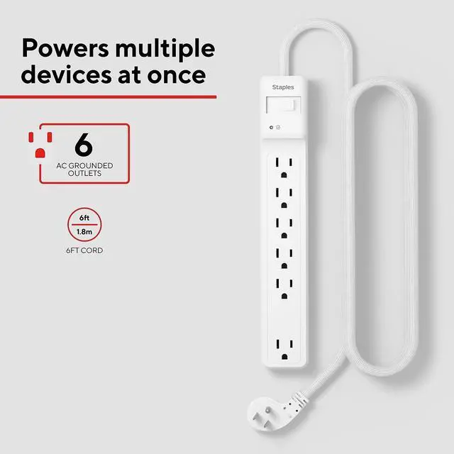 Alt view image 2 of 7 - 6-Outlet Surge Protector, 6 Ft Cord, Flat Offset Plug | For home and office electronics protection at desks and workstations