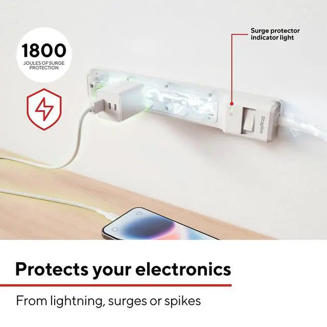 Alt view image 3 of 7 - 6-Outlet Surge Protector, 6 Ft Cord, Flat Offset Plug | For home and office electronics protection at desks and workstations