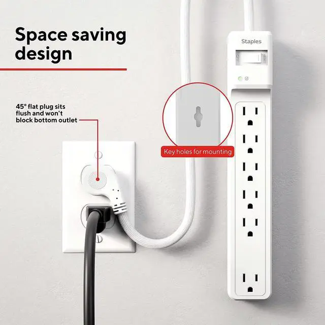 Alt view image 6 of 7 - 6-Outlet Surge Protector, 6 Ft Cord, Flat Offset Plug | For home and office electronics protection at desks and workstations