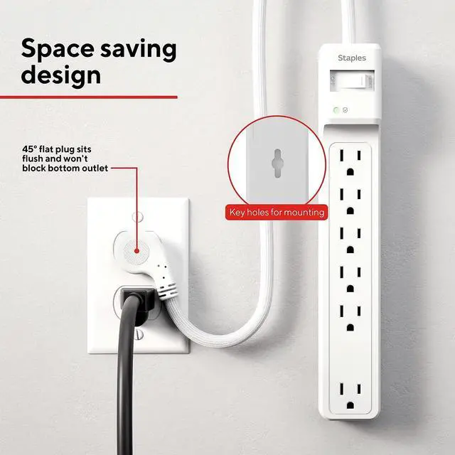 Alt view image 7 of 7 - 6-Outlet Surge Protector, 6 Ft Cord, Flat Offset Plug | For home and office electronics protection at desks and workstations
