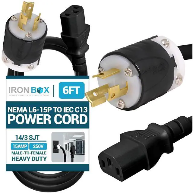 Main image of IronBox Electric NEMA L6-15P to IEC C13 Power Cord - 15A, 250V, 14/3 SJT - UL Listed Power Supply Extension Cable - Heavy Duty Plug and Connector for Computer, Data Centers, PDU and More (6ft, Build)