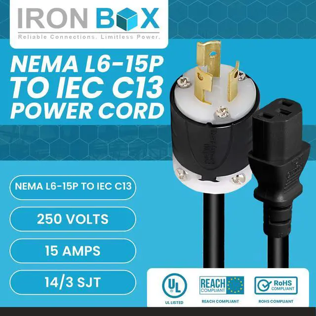 Alt view image 2 of 6 - IronBox Electric NEMA L6-15P to IEC C13 Power Cord - 15A, 250V, 14/3 SJT - UL Listed Power Supply Extension Cable - Heavy Duty Plug and Connector for Computer, Data Centers, PDU and More (6ft, Build)