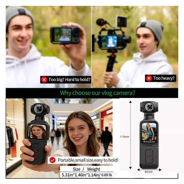 Alt view image 3 of 7 - 5K Handheld Vlogging Camera With WiFi,Pocket Action Camera with stabilization,270° auto-Rotating Wide-Angle,Rotating Touchscreen WiFi face Recognition,for Traval,YouTube Camcorder and vlogging (128gb)